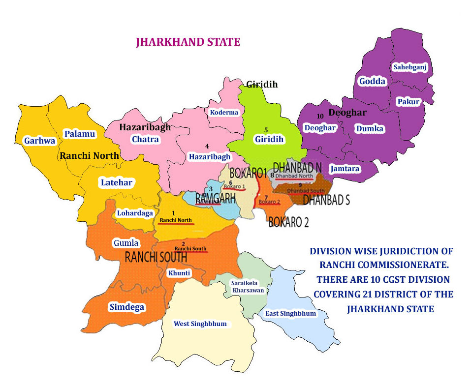 Map showing the jurisdiction of Central GST Commissionerate Ranchi in Jharkhand